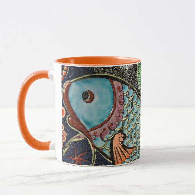 Aqwa mosaic teal fish art mug (Left)