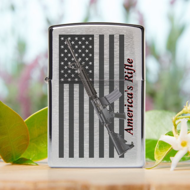 AR15 Americas Favorite Sporting Rifle USA Flag Zippo Lighter (On Table)