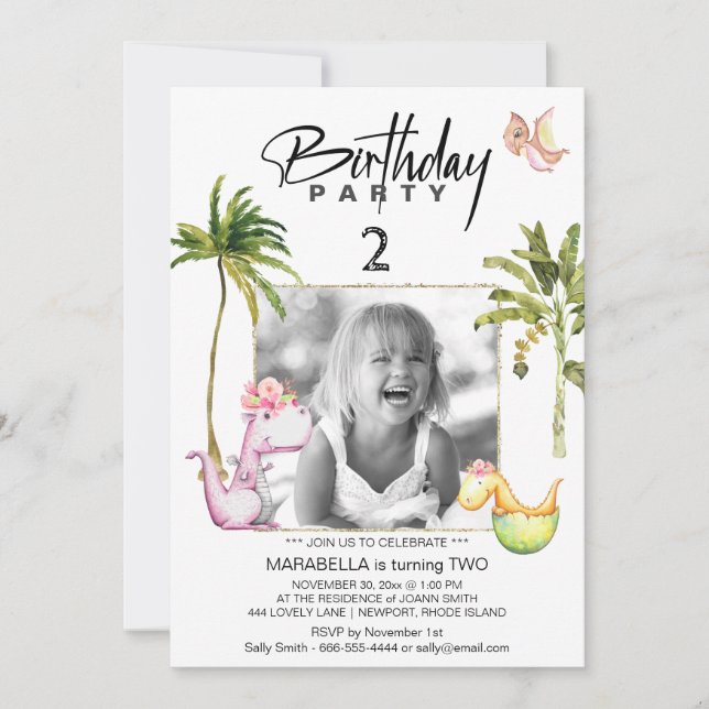 *~* AR21 Dragon Dinosaur 2 TWO Photo  Birthday  Invitation (Front)