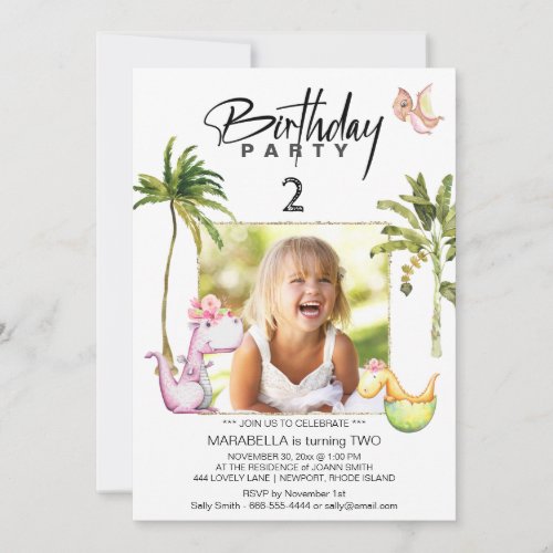  AR21 Dragon Dinosaur 2 TWO Photo Dino Birthday Invitation