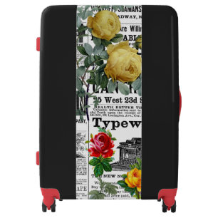 * AR23 Roses Floral Flower Vintage Newsprint Black Luggage