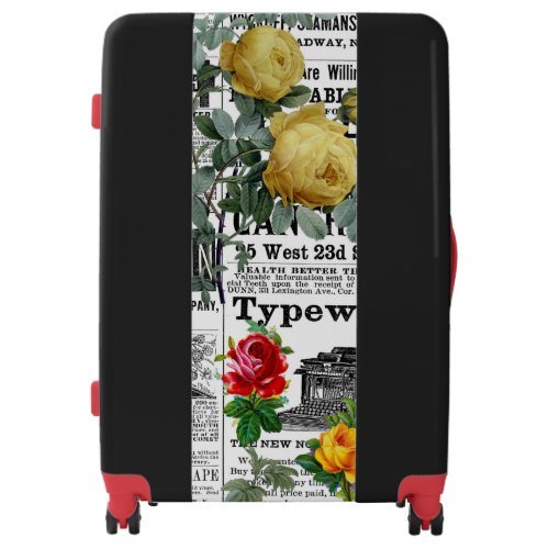  AR23 Roses Floral Flower Vintage Newsprint Black Luggage