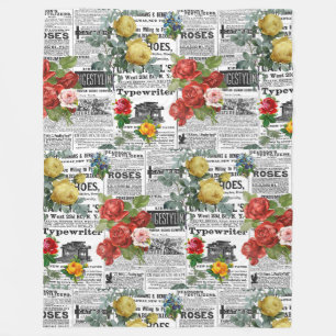 * AR23 Roses Floral Flower Vintage Newsprint Fleece Blanket