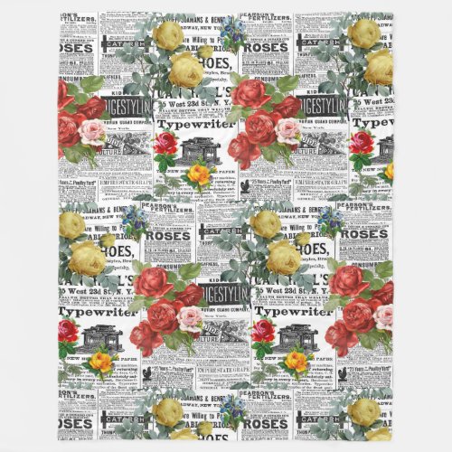  AR23 Roses Floral Flower Vintage Newsprint Fleece Blanket