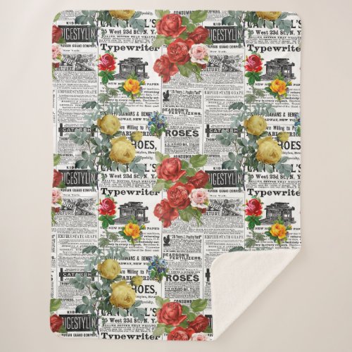  AR23 Roses Floral Flower Vintage Newsprint Sherpa Blanket