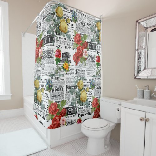  AR23 Roses Floral Flower Vintage Newsprint Shower Curtain