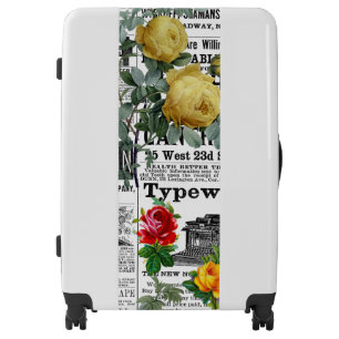 * AR23 Roses Floral Flower Vintage Newsprint White Luggage