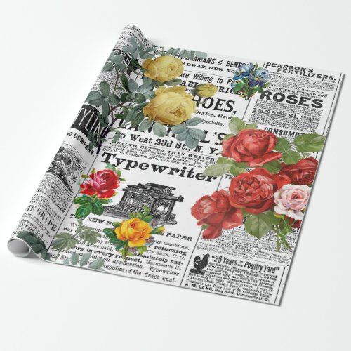  AR23 Roses Floral Flower Vintage Newsprint  Wrapping Paper
