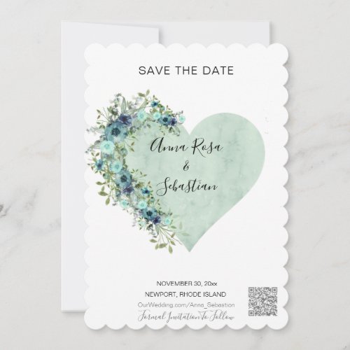  AR6 Heart Floral Aqua QR WEDDING SAVE the DATE Invitation