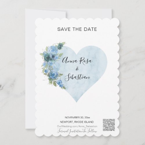 *~* AR6 QR Blue Roses Heart WEDDING SAVE the DATE Invitation