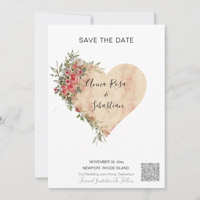 *~* AR6 QR WEDDING Roses Heart SAVE the DATE  Invitation (Front)