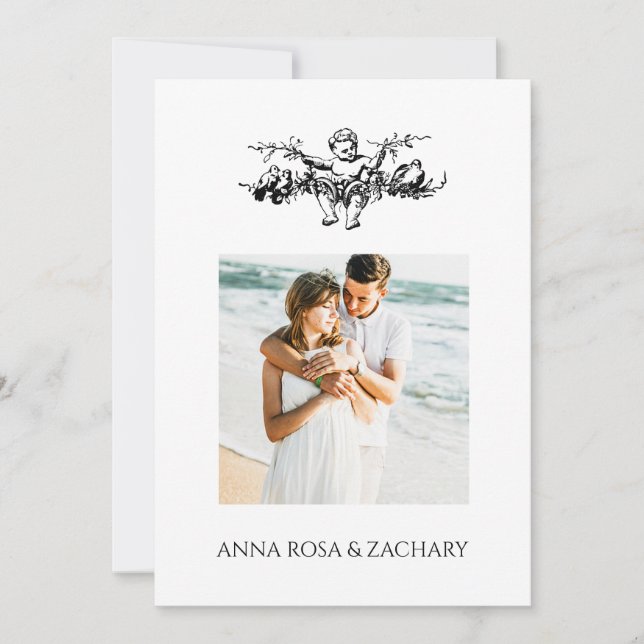 *~* AR6 Victorian QR PHOTO RSVP Wedding Cherub Invitation (Front)