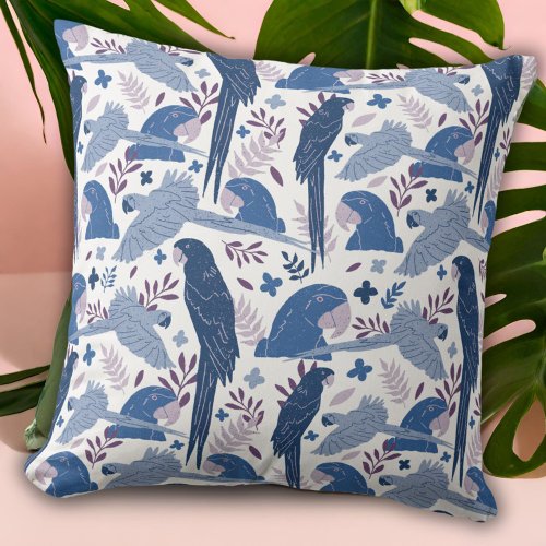 Ara Parrot Blue Drawing Tropical Leave Pattern Throw Pillow