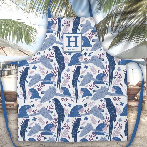 Ara Parrot Blue Tropical Leaf Pattern Monogram Apr Apron