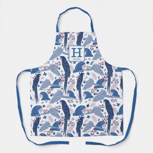 Ara Parrot Blue Tropical Leaf Pattern Monogram Apr Apron - Ara Parrot Blue Tropical Leaf Pattern Monogram Apron. Blue ara parrots in a pattern with tropical leaves. Add your name and monogram.