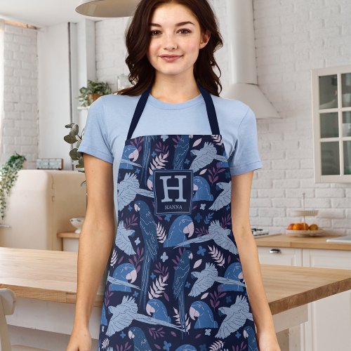 Ara Parrot Blue Tropical Leaf Pattern Monogram Apron