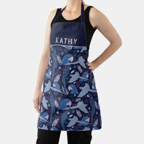 Ara Parrot Blue Tropical Leaf Pattern Name  Apron - Ara Parrot Blue Tropical Leaf Pattern Name Apron. Blue ara pattern on dark blue background with tropical leaves. Add your name or erase it.