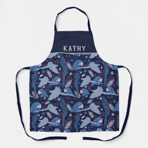 Ara Parrot Blue Tropical Leaf Pattern Name Apron - Ara Parrot Blue Tropical Leaf Pattern Name Apron. Blue ara pattern on dark blue background with tropical leaves. Add your name or erase it.