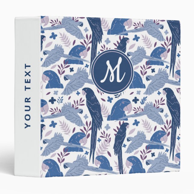 Ara Parrot Blue Tropical Leave Pattern Monogram  3 Ring Binder (Front/Spine)