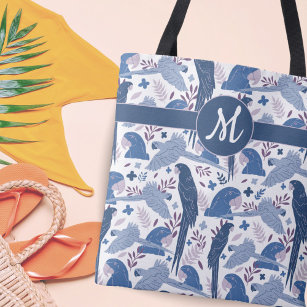 Ara Parrot Blue Tropical Leave Pattern Monogram  Tote Bag
