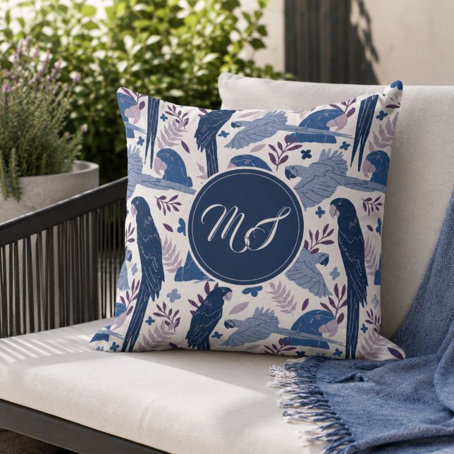 Ara Parrot Blue Tropical Pattern Monogram  Throw Pillow (Creator Uploaded)