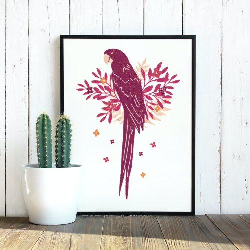 Ara Parrot Burgundy Red Tropical Leaves Drawing Poster