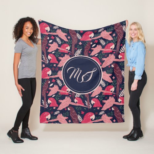 Ara Parrot Drawing Tropical Pattern Monogram Fleece Blanket - Pink and Red Ara Parrot Drawing Tropical Pattern Monogram Fleece Blanket. Ara pattern on dark blue background with tropical leaves in green, red and beige colors. Great for parrot lover and parrot owner.