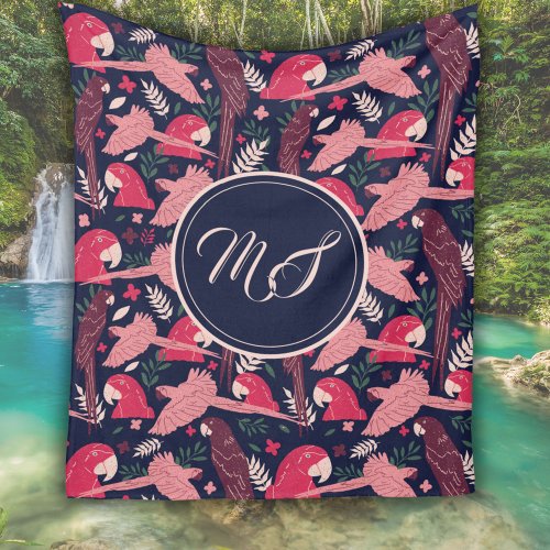 Ara Parrot Drawing Tropical Pattern Monogram Fleece Blanket