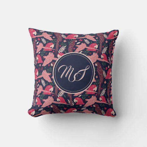 Ara Parrot Drawing Tropical Pattern Monogram Throw Pillow - Pink and Red Ara Parrot Drawing Tropical Pattern Monogram Pillow. Ara pattern on dark blue background with tropical leaves in green, red and beige colors. Great for parrot lovers and parrot owners.