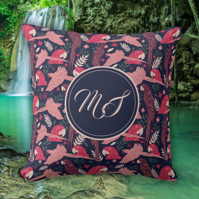 Ara Parrot Drawing Tropical Pattern Monogram Throw Pillow (Creator Uploaded)
