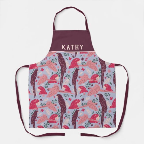 Ara Parrot Red Burgundy Tropical Leaf Pattern Name Apron - Ara Parrot Red Burgundy Tropical Leaf Pattern Name Apron. Red and burgundy ara drawing in a pattern on bright blue background with tropical leaves. Add your name or erase it.