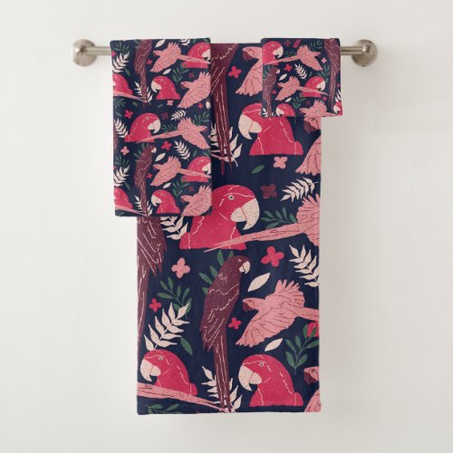 Ara Parrot Red Pink Drawing Tropical Leave Pattern Bath Towel Set - Ara Parrot Red Pink Drawing Tropical Leave Pattern Bath Set. Ara pattern on dark blue background with tropical leaves in green, red and beige colors. Great for parrot lovers and parrot owners. Also available with monogram - open the collection bellow.