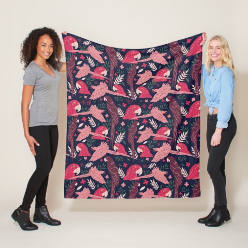 Ara Parrot Red Pink Drawing Tropical Leave Pattern Fleece Blanket - Ara Parrot Red Pink Drawing Tropical Leave Pattern Blanket. Ara pattern on dar blue background with tropical leaves in green, red and beige colors. Great for parrot lover and ara owner.