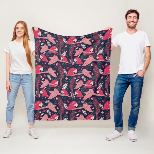 Ara Parrot Red Pink Drawing Tropical Leave Pattern Fleece Blanket (In Situ)
