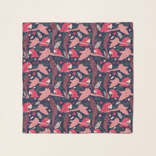 Ara Parrot Red Pink Drawing Tropical Leave Pattern Scarf - Ara Parrot Red Pink Drawing Tropical Leave Pattern Scarf. Ara pattern on dark blue background with tropical leaves in green, red and beige colors. Digital hand-drawn illustration.