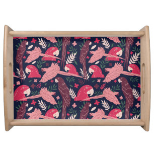 Ara Parrot Red Pink Drawing Tropical Leave Pattern Serving Tray