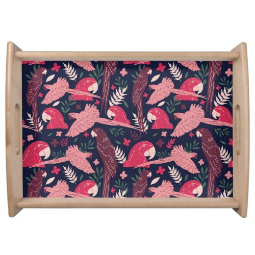 Ara Parrot Red Pink Drawing Tropical Leave Pattern Serving Tray - Ara Parrot Red Pink Drawing Tropical Leave Pattern Serving Tray. Pink and red ara pattern on dark blue background with tropical leaves in green, red and beige colors. Hand drawn illustration.