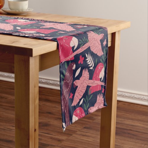 Ara Parrot Red Pink Drawing Tropical Leave Pattern Short Table Runner - Ara Parrot Red Pink Drawing Tropical Leave Pattern Table Runner. Ara pattern on dark blue background with tropical leaves in green, red and beige colors.