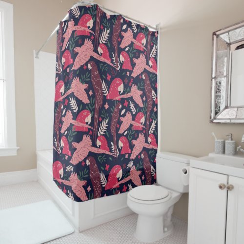 Ara Parrot Red Pink Drawing Tropical Leave Pattern Shower Curtain - Ara Parrot Red Pink Drawing Tropical Leave Pattern Shower Curtain. Ara pattern on dark blue background with tropical leaves in green, red and beige colors. Great for parrot lover and parrot owner.