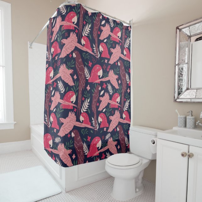 Ara Parrot Red Pink Drawing Tropical Leave Pattern Shower Curtain (In Situ)