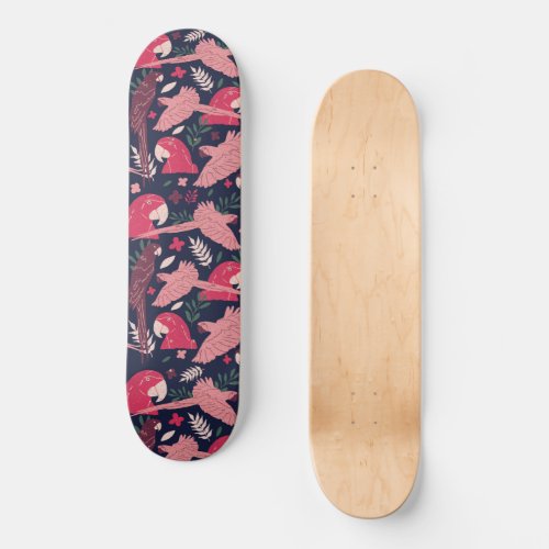 Ara Parrot Red Pink Drawing Tropical Leave Pattern Skateboard - Ara Parrot Red Pink Drawing Tropical Leave Pattern Skateboard. Ara pattern on dark blue background with tropical leaves in green, red and beige colors. Great for parrot lover and parrot owner.