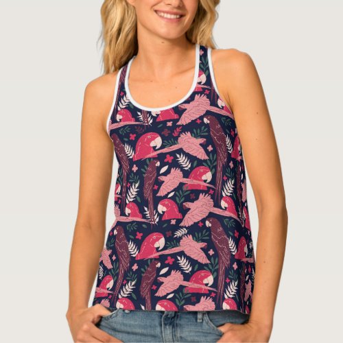 Ara Parrot Red Pink Drawing Tropical Leave Pattern Tank Top - Ara Parrot Red Pink Drawing Tropical Leave Pattern Tank Top. Ara pattern on dark blue background with tropical leaves in green, red and beige colors. Digital hand-drawn illustration.