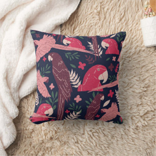 Ara Parrot Red Pink Drawing Tropical Leave Pattern Throw Pillow