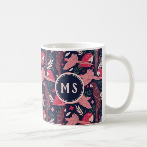 Ara Parrot Red Pink Tropical Leaf Pattern Monogram Coffee Mug - Ara Parrot Red Pink Drawing Tropical Leaf Pattern Monogram Mug. Ara pattern on dark blue background with tropical leaves in green, red and beige colors. Digital hand-drawn illustration. Add your monogram.