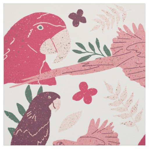 Ara Parrot Red Pink Tropical Pattern on White Fabric