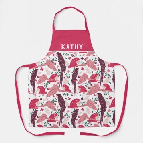 Ara Parrot Red Tropical Leaf Pattern Name Apron - Ara Parrot Red Tropical Leaf Pattern Name Apron. Red and burgundy ara drawing in a pattern on white background with tropical leaves. Add your name or erase it.