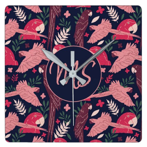 Ara Parrot Red Tropical Leave Pattern Monogram Square Wall Clock - Ara Parrot Red Tropical Leave Pattern Monogram Square Wall Clock. Ara pattern on dark blue background with tropical leaves in green, red and beige colors. Great for parrot lover and ara owner. Add your monogram.