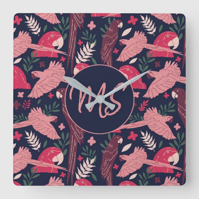 Ara Parrot Red Tropical Leave Pattern Monogram Square Wall Clock (Front)