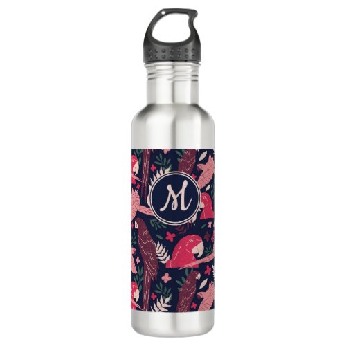 Ara Parrot Red Tropical Leave Pattern Monogram Stainless Steel Water Bottle