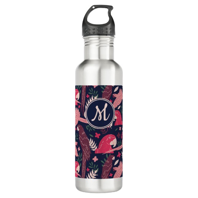 Ara Parrot Red Tropical Leave Pattern Monogram Stainless Steel Water Bottle (Front)